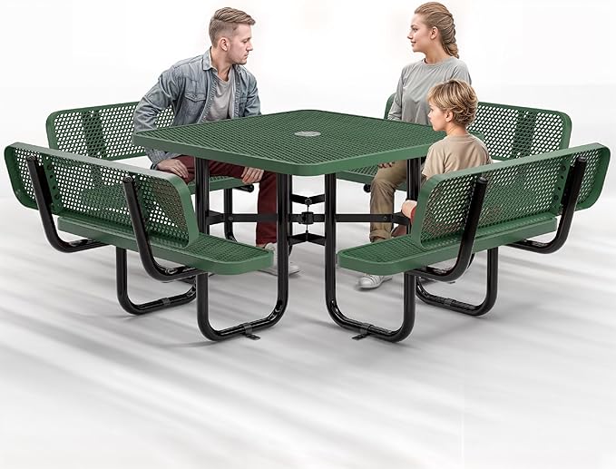 Metal Picnic Tables for Outdoors with Umbrella Hole - Coated Steel Heavy Duty Commercial Grade Table with Adjustable Seats (Green, 46 in, Square with Back, Expanded Steel)