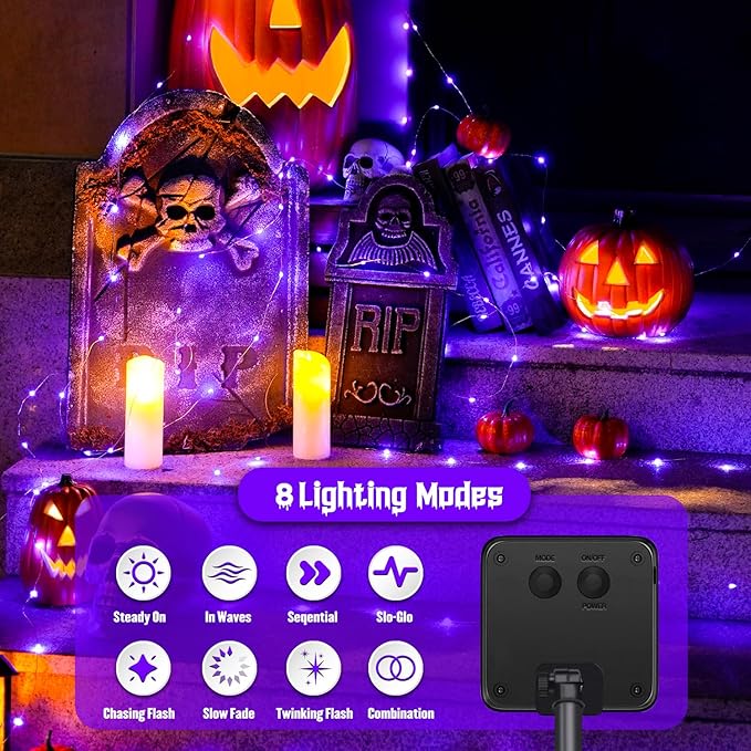 JMEXSUSS 2 Pack Purple Solar Halloween Lights Outdoor, 66ft 200 LED Solar Fairy Lights Outdoor Waterproof, 8 Modes Solar String Lights for Outside Halloween Christmas Decorations