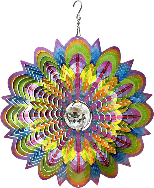 FONMY Mandala Wind Spinner w/Crystal Ball-Bloosom 3D Stainless Steel Suncatcher Hanging Spinners Worth Gift Christmas Decoration Indoor/Outdoor Garden Décor Kinetic Yard Art 12 Inches Wind Sculpture