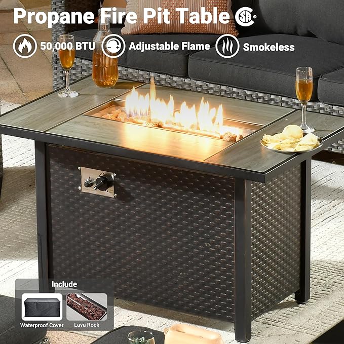 ovios 7 Pieces Patio Furniture Set with 42" Fire Pit Table, Outdoor Wicker Sofa with Swivel Chairs, All Weather High Back Rattan Couch Conversation Set, Black