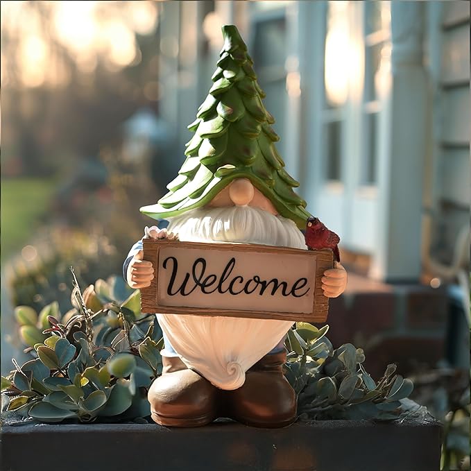 Garden Gnome Statue with Solar Lights, 13.5” Welcome Sign Gnome Outdoor Decor for Yard Lawn Patio, Funny Resin Gnome Sculptures, Gifts for Women Mom Grandma,Garden Decor Ornament