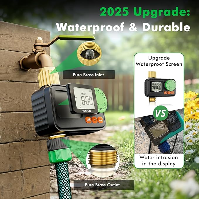 RESTMO RF Remote Controlled Sprinkler Timer with Brass Inlet & Outlet, Programmable Water Timer for Garden Hose, Automatic | Manual | Rain Delay for Outdoor Faucet, Drip Irrigation and Lawn Watering