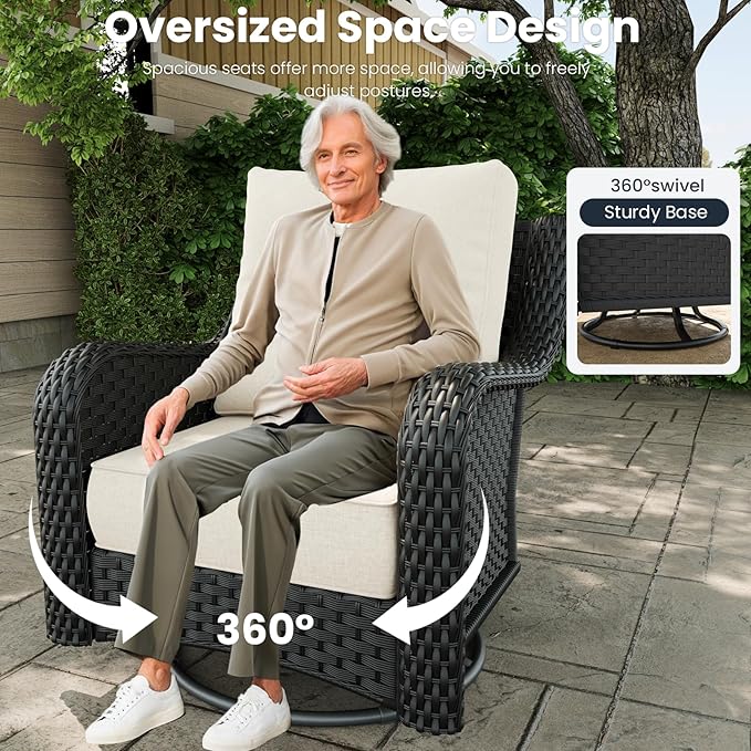 6 Pieces Outdoor Patio Furniture Sets with Rocking Swivel Chairs with 6-inch Thick Cushion and Side Table for Deck Lawn