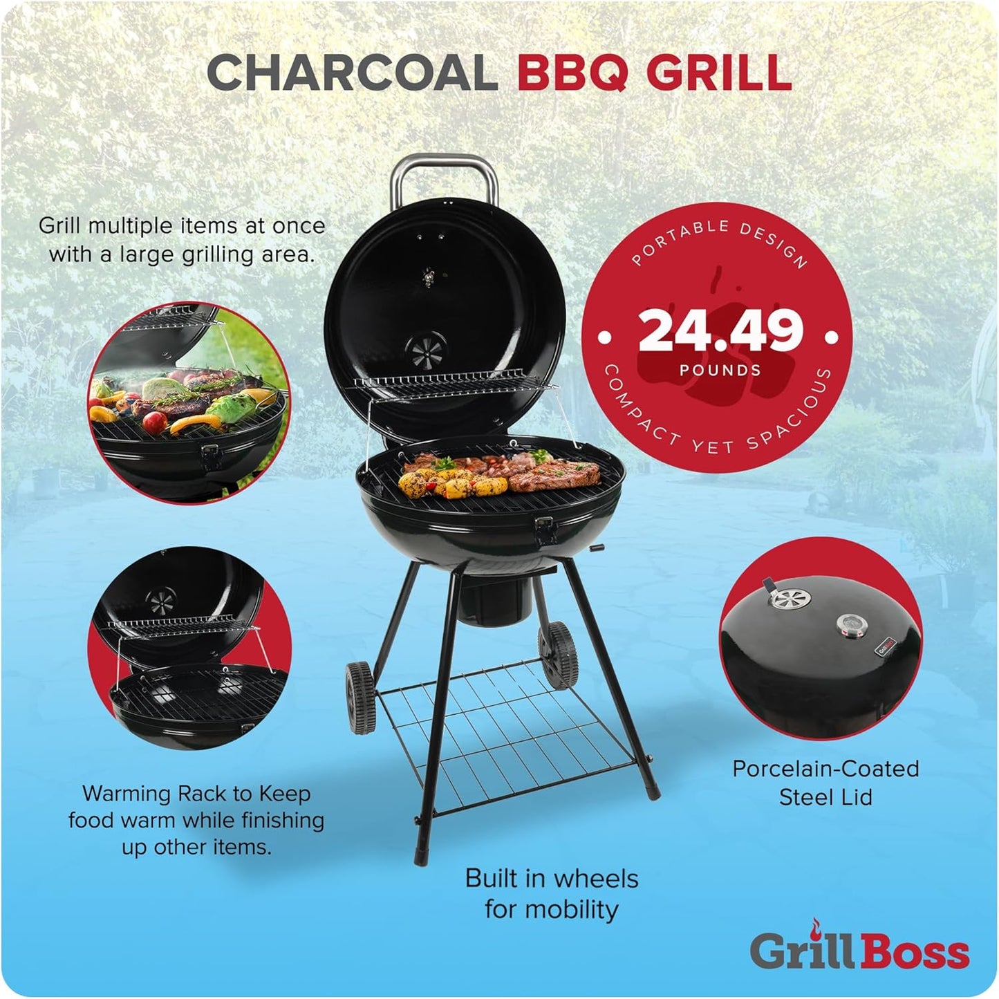 Grill Boss Charcoal Kettle Grill with Large 22-Inch Cooking Area - Includes Warming Rack, Bottom Storage Shelf, Ash Catcher & Wheels for Outdoor BBQ, Tailgating, Camping & Backyard Grilling