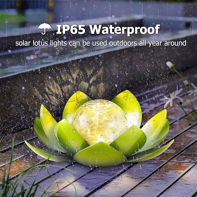 Huaxu Solar Lights Outdoor Garden Decoration Crackle Globe Glass Waterproof LED Metal Green Lotus Flowers Gift for Mom,Women,Patio,Lawn,Walkway,Tabletop,Ground