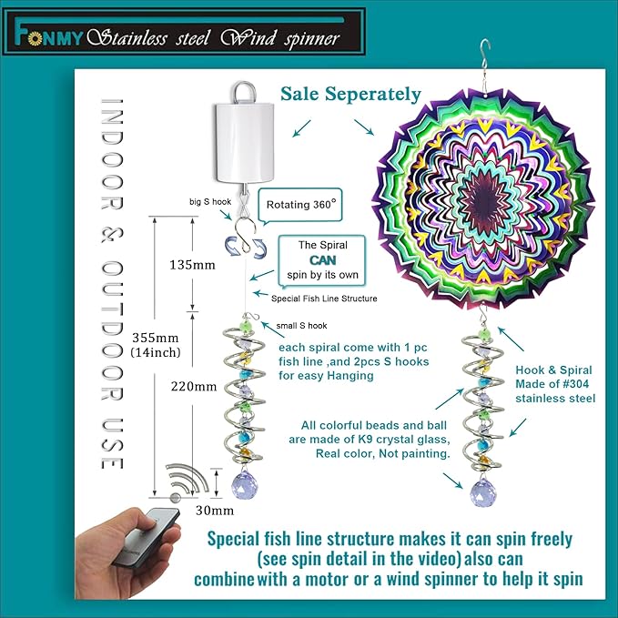 FONMY Gazing Ball Spiral Tail -Decorative Wind Spinner Sun Catcher Rainbow Maker Double-Spiral W/Purple Crystal Ball and Chain Crystals for Indoor Outdoor Garden Decoration -14 inch Height
