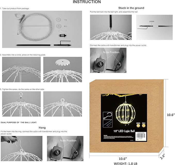 LIGHTSHARE 10IN 48LED Light Ball Yard Decoration Pathway Lights Sphere Light with Fold Flat Metal Frame Indoor Outdoor Waterproof Garden Lights, White Frame / Warm White Lights, 10