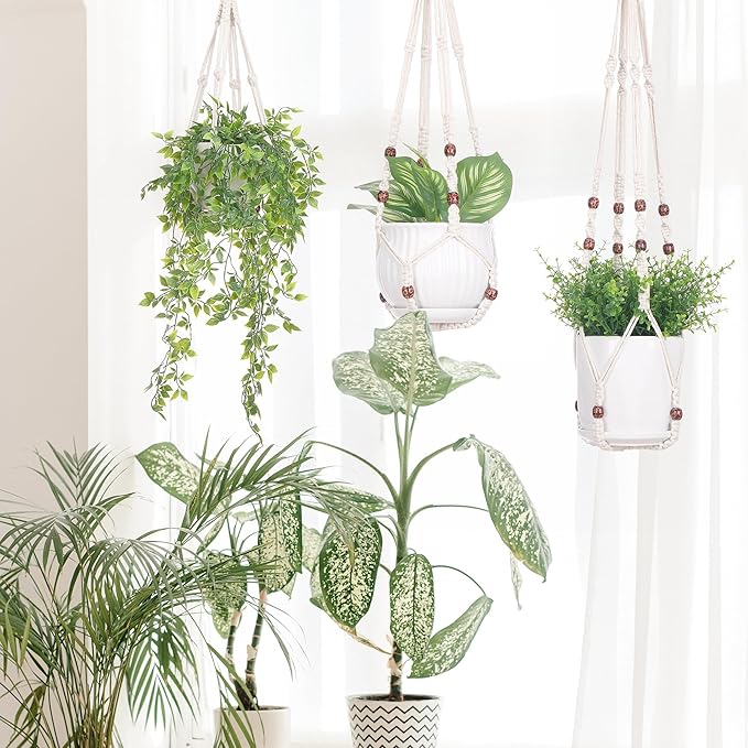 YIBOT 3 Pack Macrame Plant Hanger Indoor Hanging Planter Basket with 3 Hooks Flower Pot Holder No Tassels for Boho Home Decor 35"/29"/23"