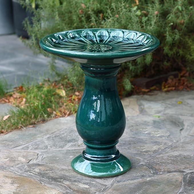 LuxenHome 22 Inch Ceramic Bird Bath for Outside, Elegant Tall Outdoor Bird Bath, Lightweight Pedestal Glazed Birdbaths for Outdoors with Floral Pattern, Dark Green