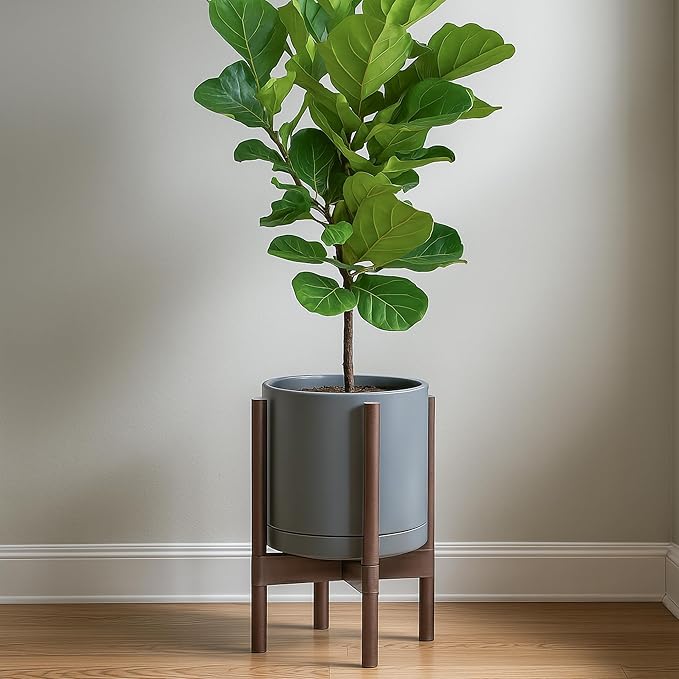 D'vine Dev Ceramic Planter with Walnut Color Stand - 12 Inch Modern Round Flower Pot with Wood Planter Holder, Grey, 55-B-W-3