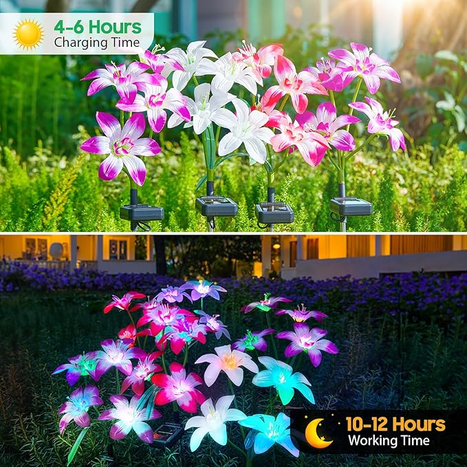 Solar Garden Lights Outdoor, 4 Pack Blooming Lily Solar Flowers Outdoor Waterproof, 7 Color Changing Bigger Flower Lights for Yard Patio Decor, Gift for Mom