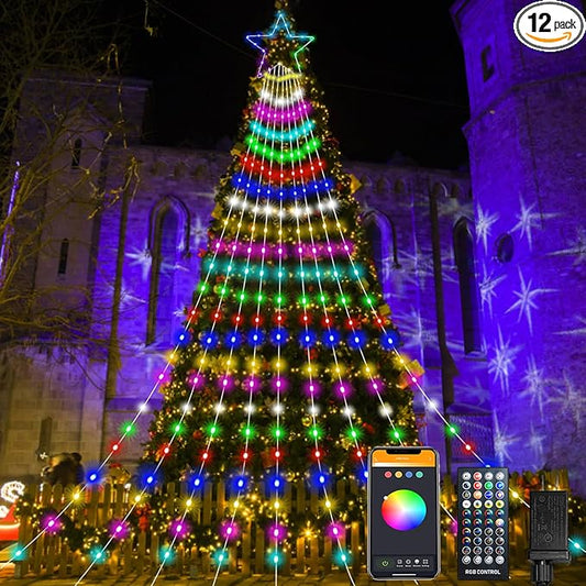 Outdoor Christmas Decorations Lights, 344 LEDs Color Changing Smart Waterfall Christmas Tree Lights with Remote & Sync Music, LED String Lights Outdoor Waterproof for Party Wedding Xmas Decor (12FT)
