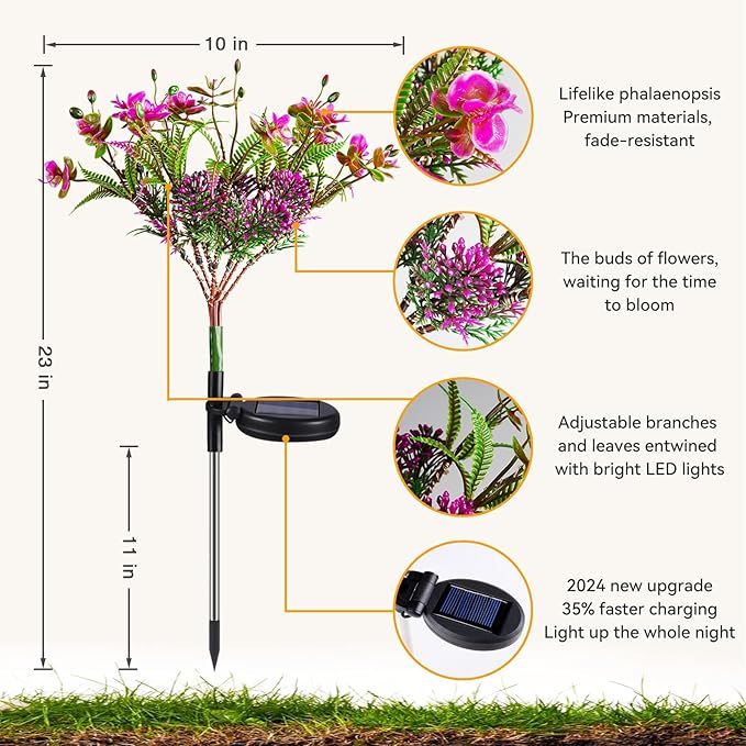 Neporal Solar Garden Lights, 4PK Purple Phalaenopsis Solar Flowers Outdoor Waterproof, Solar Lights Outdoor Decorative for Garden, Yard Decor,