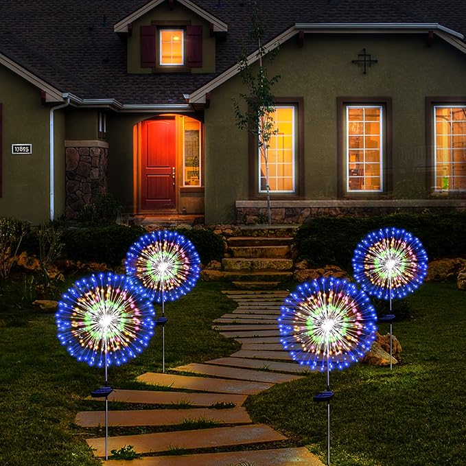 Solar Garden Firework Lights Outdoor Waterproof 4 Pack Solar Powered Art Stake Twinkle Outside Solar Lighting Upgrad 180 LED Sparklers Lights for Yard Party Decorations (Colorful)