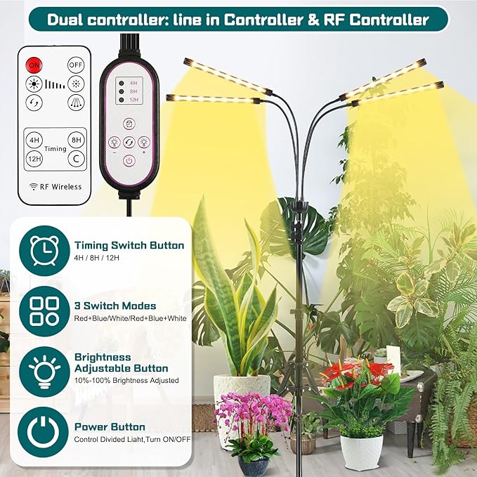 Grow Lights for Indoor Plants Full Spectrum with 15-63 inches Adjustable Tripod Stand Plant Light with 4/8/12H Timer with Remote Control