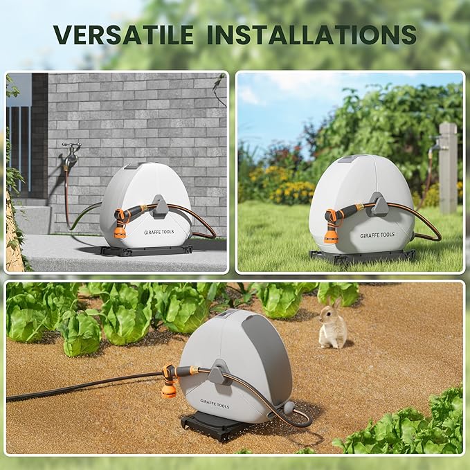 Giraffe Tools Ground Mounted Retractable Hose Reel 1/2 Inch x 82FT, Heavy Duty Automatic Rewind Garden Hose Reel, with Flexible Swivel Base for Lawn, Concrete Floor