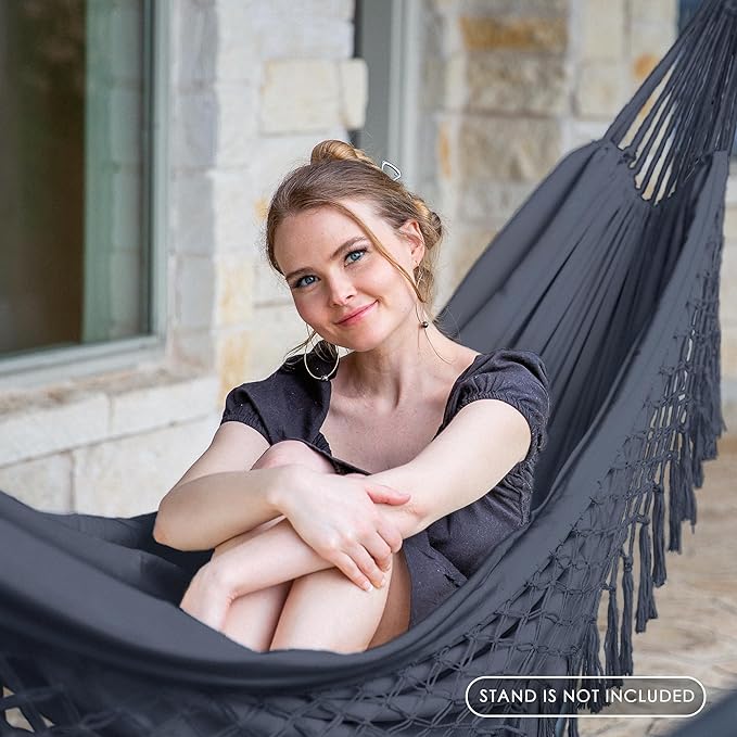 SUNCREAT Extra Large Double Hanging Hammock for Camping, Hammocks for Outside 2 Person Heavy Duty, Dark Gray with Tassels