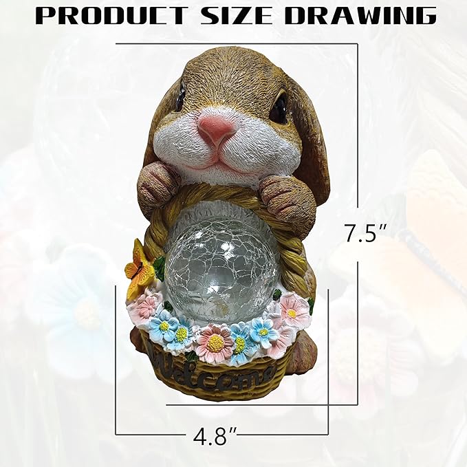 Solar Rabbit Garden Outdoor Statues,Resin Rabbit Figurine Carrying Flower Basket and Magic Orb with Solar LED Lights, Lawn Decor Outdoor Statue for Patio, Balcony, Yard Ornament