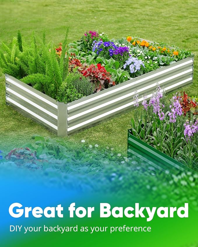 Quictent Galvanized Raised Garden Bed 6x3x1 Ft Metal Planter Box for Vegetables Bottomless for Backyard Outdoor, Include 1 Tomato Cage, Silver