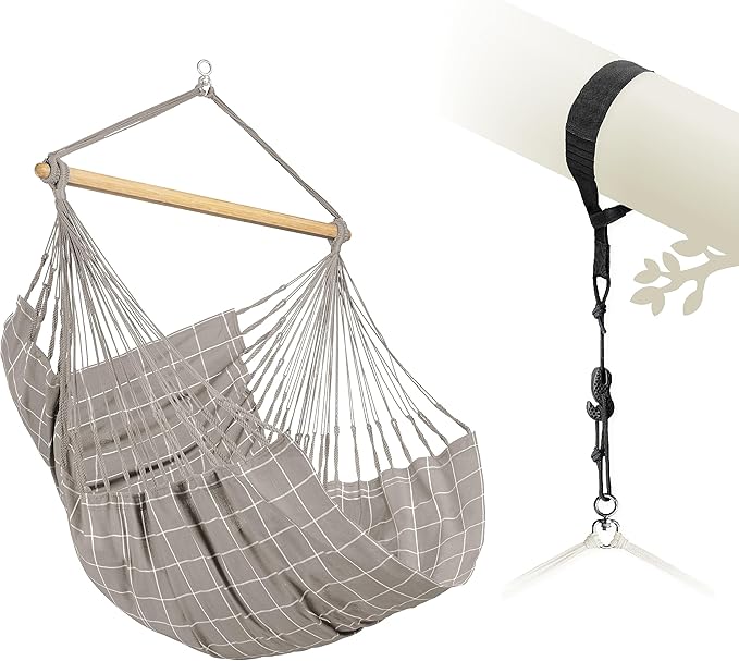 LA SIESTA® - Large Comfort Domingo Hammock Chair & TreeMount - Weather & Tear Resistant Hanging Chair w/Suspension Kit for Trees Beams & Posts - Bedroom Patio Outdoor Indoor Hammock Chair - Almond