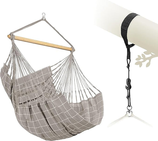 LA SIESTA® - Large Comfort Domingo Hammock Chair & TreeMount - Weather & Tear Resistant Hanging Chair w/Suspension Kit for Trees Beams & Posts - Bedroom Patio Outdoor Indoor Hammock Chair - Almond