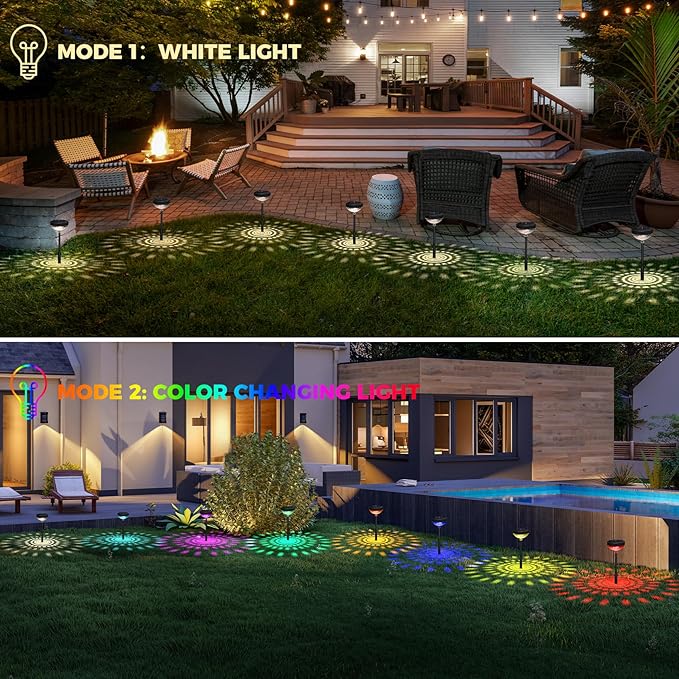 pearlstar Bright Solar Pathway Lights 8 Pack,Color Changing+Warm White LED Path Lights Outdoor,Solar Garden Light Outdoor Waterproof for Walkway Yard Backyard Lawn Landscape Decorative