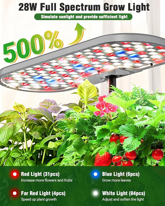 Hydroponics Growing System Kit, 16 Pods Indoor Garden with 28W Full Spectrum LED Grow Light, Auto Timer, 3 Smart Light Modes, 8L Large Herb Garden, Ideal Gardening Gift for Women, Men (Gray)
