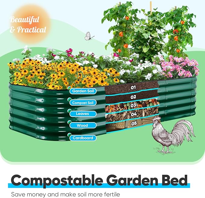 Quictent Galvanized Raised Garden Bed Kit, 6x3x1.5 ft Oval Metal Planter Box Tall for Vegetables Outdoor Backyard, Rubber Strip Edging Included, Dark Green