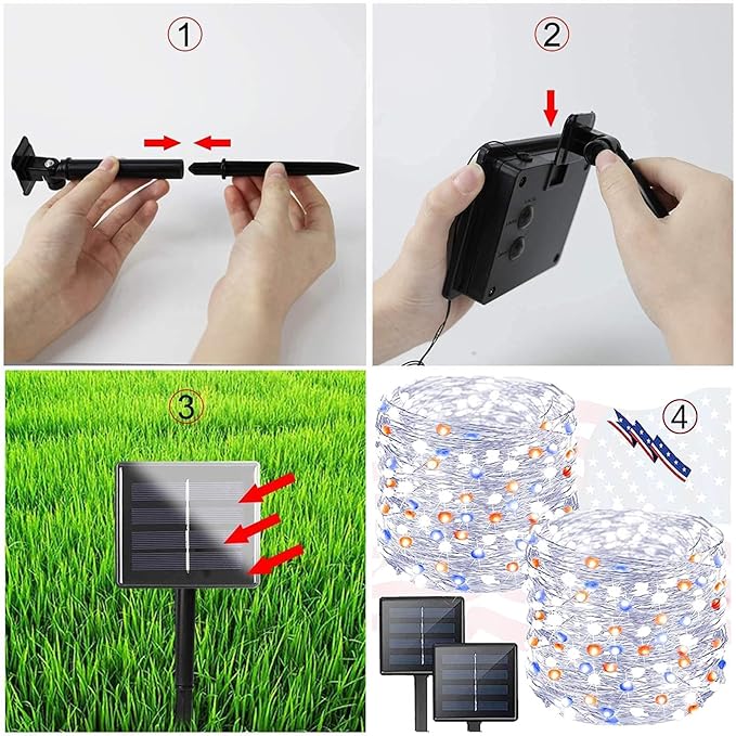 Red White and Blue Solar String Lights Outdoor, 2 Pack 80FT 200 LED Solar Outdoor Twinkle Light for 4th of July Independence Day Decor, Waterproof with 8 Modes, Garden Yard, Patriotic Memorial Decor