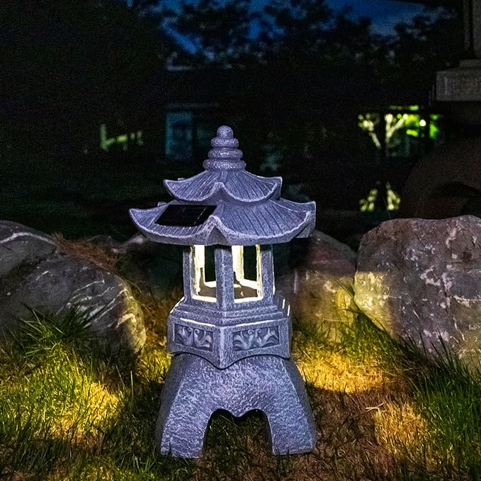 DIBIEECN Japanese Garden Decor Pagoda Garden Statue, Solar Patio Lights, Zen Landscape Lighting Garden Decor, Asian Outdoor Decor for Yard Backyard, Gifts for Women Mom
