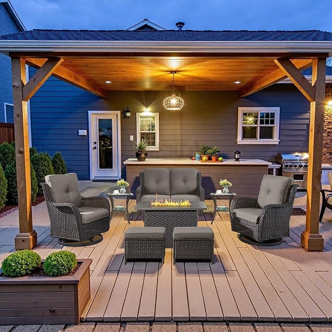 8 Piece Outdoor Patio Furniture Set - 41" CSA Propane Fire Pit Table Patio Conversation Set with Swivel Rocker Outdoor Chairs, Wicker loveseat and Ottoman for Outside Casual Gathering