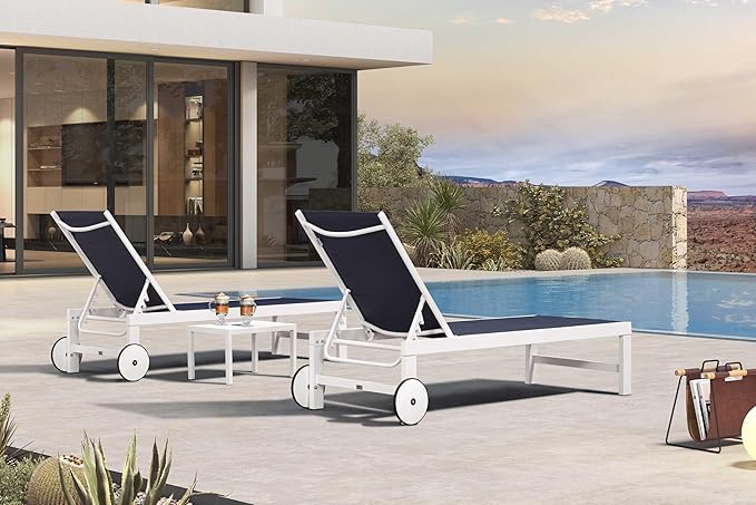 PURPLE LEAF Outdoor Chaise Lounge Set Staight Legs Adjustable Sunbathing Recliner with Side Table for Poolside Beach Outside Patio Aluminum Chaise Lounger Navy Blue