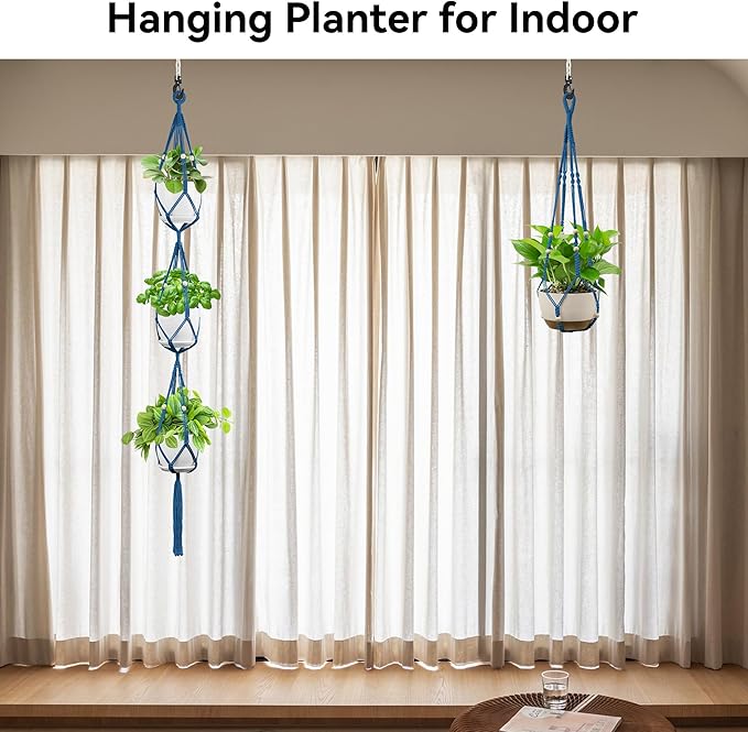 USLAI Macrame Plant Hanger Indoor Outdoor, Up to 4-15 inch Pot, Heavy 20lb Planters, Extra Long Strong Hanging Planter Basket Holder, Boho Home Decor, 35+72 Inch, Blue (POTS NOT Included)