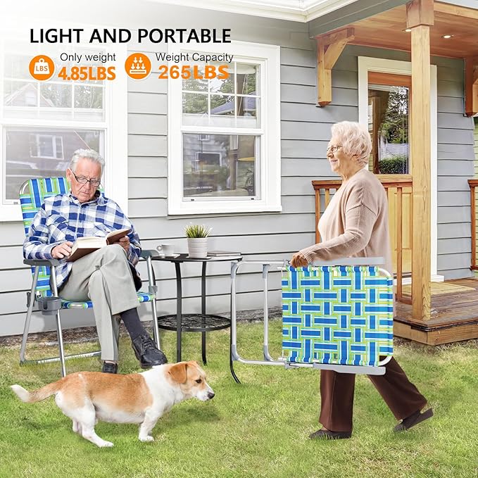 VINGLI Aluminum Patio Lawn Chairs Folding Set of 2 with Detachable Cup Holder, Webbed Beach Chair Folding Chair Outdoor Portable Camping Chair for Yard, Garden Blue alulawnchair