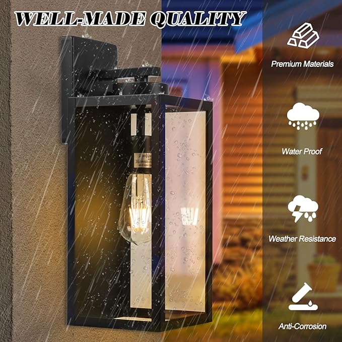 Outdoor Wall Light Fixture, Large 16" Exterior Black Lantern Waterproof, Farmhouse Porch Sconce Lighting with Glass, Modern Wall-Mounted Outside Lights for House, Garage, Patio Lamp