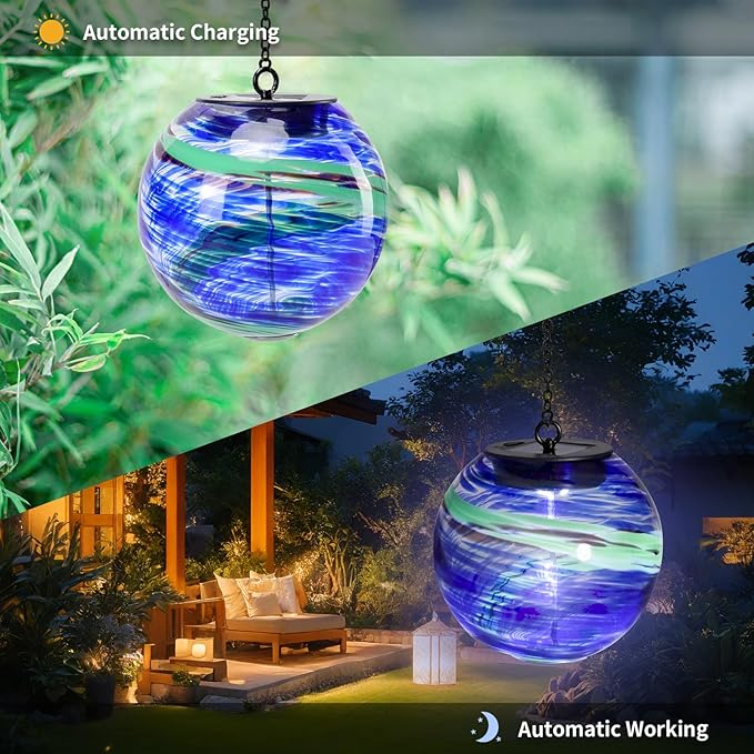 VCUTEKA Solar Chandelier Outdoor, Hanging Glass Solar Light with Hook Up, Garden Lanterns Decor for Yard, Tree and Patio, Blue Green