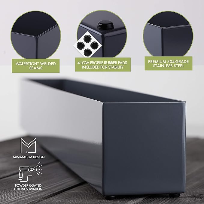 DR&Co Modern Grey Rectangle Planter Box, 16" Metal Planter Perfect for Succulent, Narrow Box for Table or Window Sill, Rectangular Stainless Steel Long