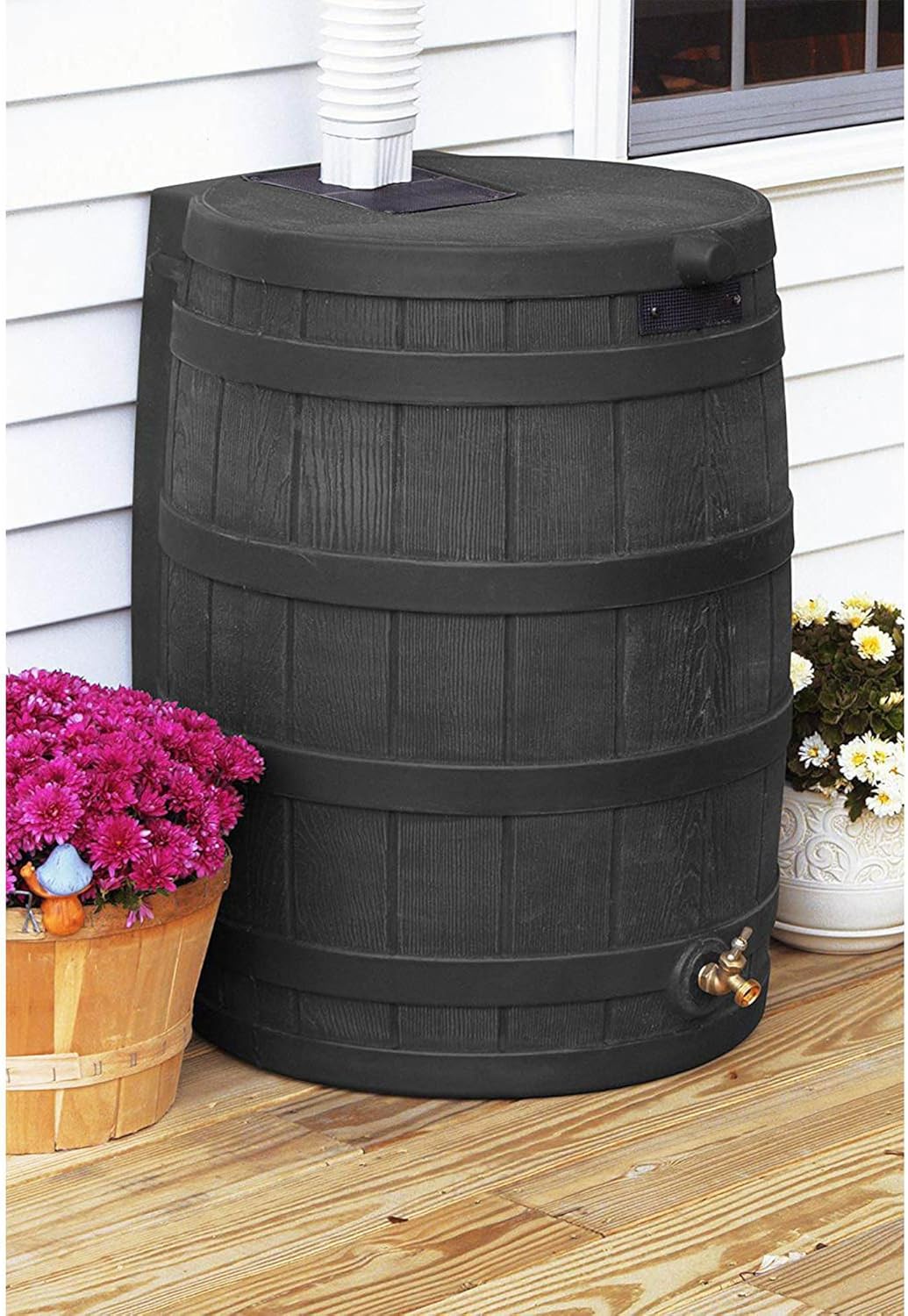 Good Ideas Rain Wizard 50 Gallon Plastic Outdoor Home Rain Barrel Water Storage Collector with Brass Spigot and Flat Back Design, Black (4 Pack)