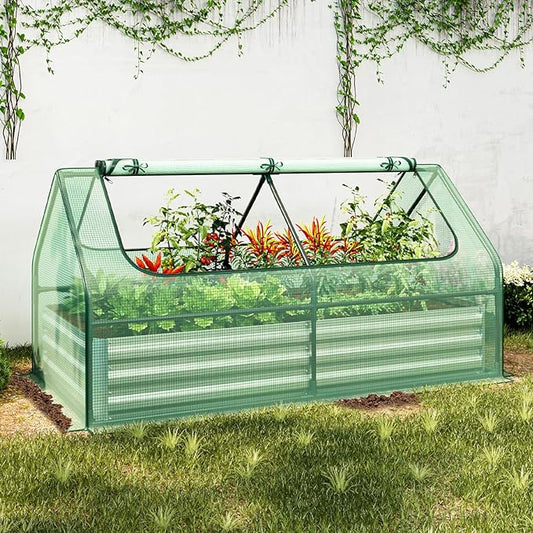 SAFSTAR Raised Garden Bed with Cover, 6FT x 3FT x 3FT Galvanized Bottomless Garden Bed with Greenhouse, Dual 2-Tier Roll-Up Windows, Outdoor Metal Planter Box Kit with Cover (Green)