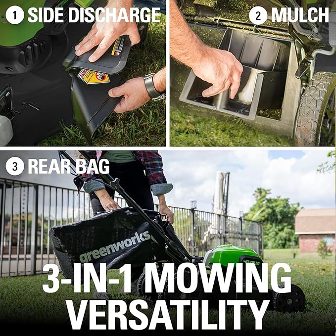 Greenworks 40V 21" Self-Propelled Lawn Mower,Axial Leaf Blower(500 CFM / 120 MPH),13" String Trimmer, 160 PSI Portable Tire Inflator, Includes 2 Batteries(5Ah+2Ah) & Chargers