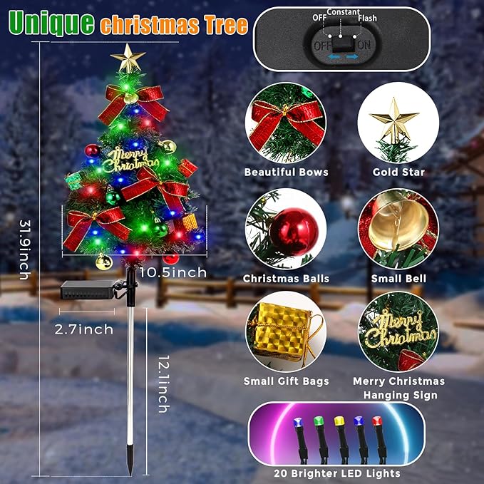 Solar Christams Tree Lights 2PCS Solar Xmas Tree Lights Garden Pathway Decor Outdoor Waterproof 40LED-Lights with Constant & Flashing Modes for Christmas Decoration of Yard Lawn