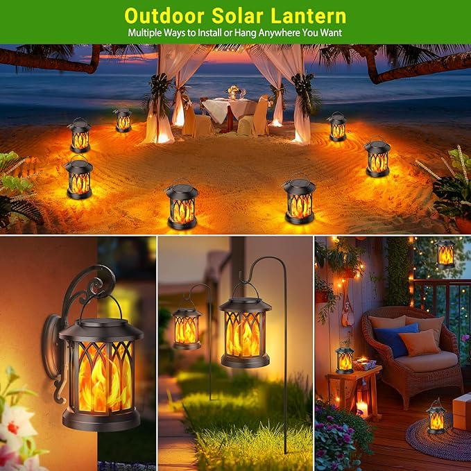 KOOPER Hanging Solar Lights Lantern Outdoor, Flickering Flames Solar Outdoor Lights, Solar Lanterns Outdoor Waterproof with Bigger Solar Panel, Auto ON/Off Solar Lantern for Yard Garden Decor, 2 Pack