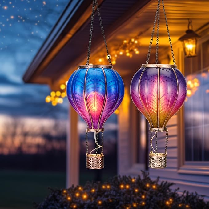 TERESA'S COLLECTIONS 2 Pack Hanging Solar Lantern Outdoor Garden Decor for Valentine ,Waterproof Plastic Hot Air Balloon Purple Flickering Flame Effect Lantern for Yard Tree Gift for Mom,18"