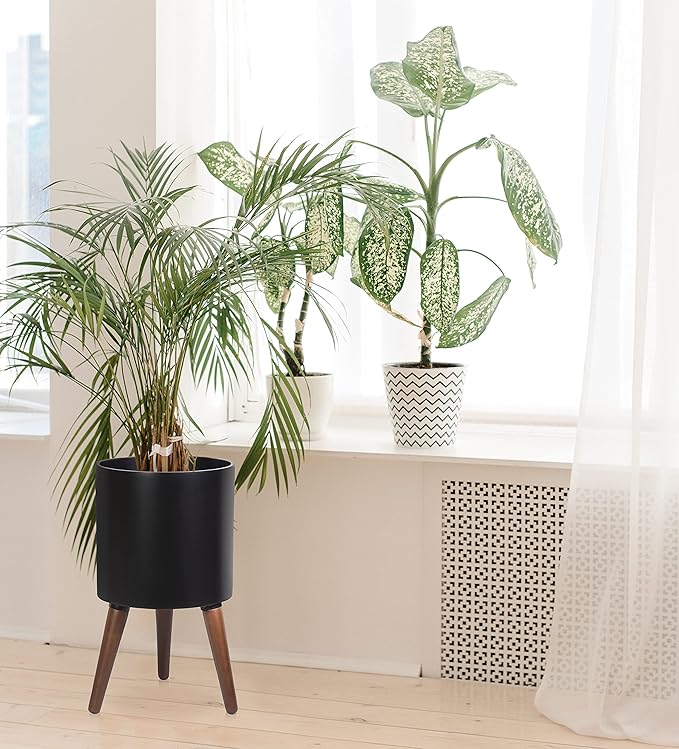 D'vine Dev 12 Inch Planter Pot with Stand, Mid-Century Tall Plant Pot with Legs for Indoor Plants, Large, Black, 88-O-C-2