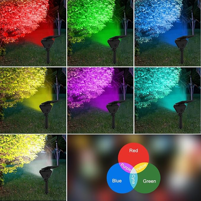 T-SUN Solar Spotlights Outdoor 6Pack Solar Landscape Spot Lights Color Changing IP65 Waterproof Auto On/Off for Garden Yard Lawn Pathway