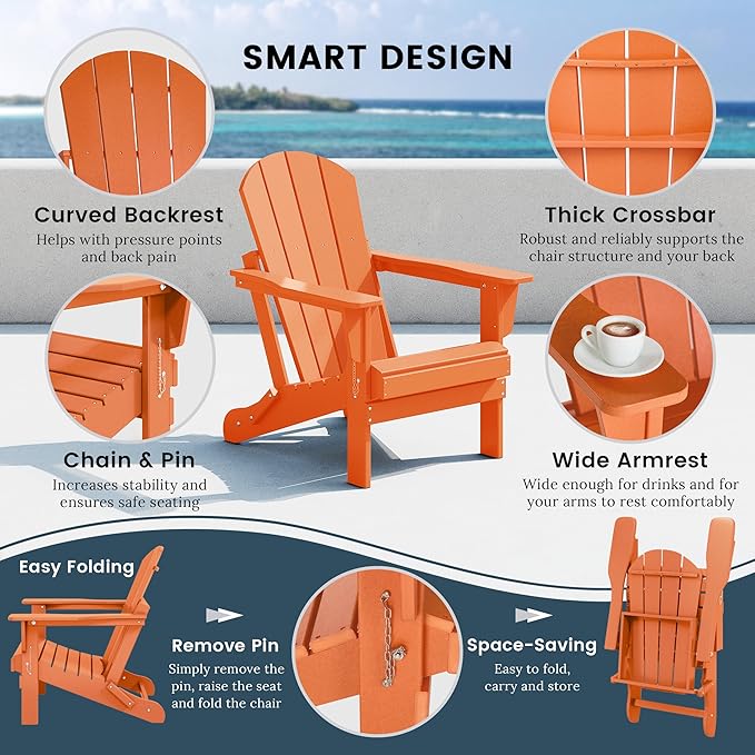 Westin Outdoors Laguna WO Outdoor Adirondack Folding Patio Chairs 8 PCS Set Retro Beach Aesthetic for Backyard, Lawn, Patio, Deck, Garden, Weather Resistant Polyethylene Plastic Lounger (Orange)