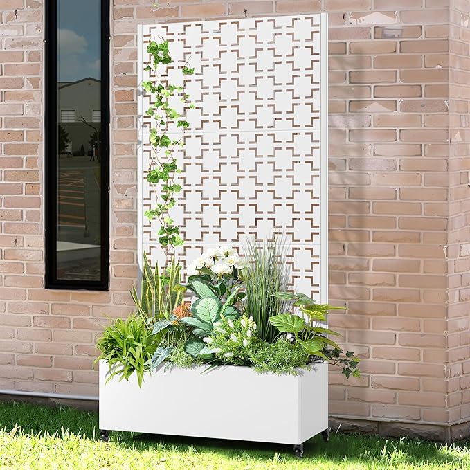 Raised Garden Bed with Trellis and Wheels,73"x35"x16" Metal Raised Garden Bed,White Squared Metal Planter with Climbing Trellis for Vines & Vegetables