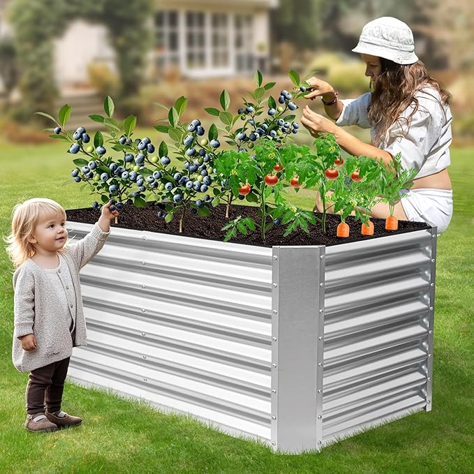 4x2x2ft Raised Garden Bed - Galvanized Deep Root Planter Boxes Outdoor with Wing Nuts and Safety Edges for Gardening Vegetables, Flowers, Herbs, Succulents - Silver