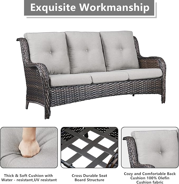 Outdoor Wicker Patio Furniture Set - 6 Piece Rattan Patio Conversation Set with 2 Rocking Swivel Chairs,2 Ottomans,1 Sofa and 1 Side Table for Porch Deck Backyard Garden(Brown/Beige)