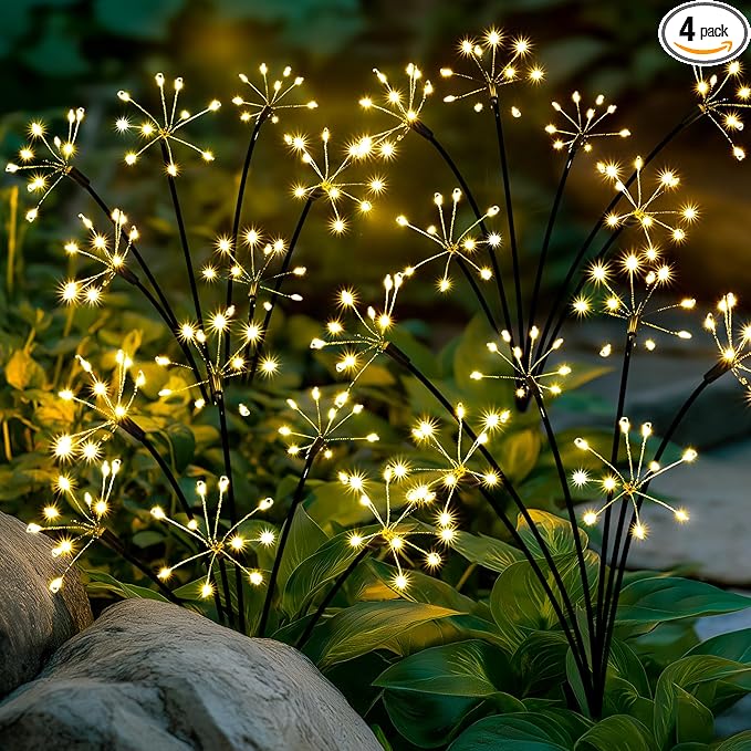 Solar Garden Decor Lights Outdoor, Solar Powered Lights Waterproof for Yard Patio Porch Flowerbed, Fairy Gardening Supplies Gifts Firwork(4 Pack Warm White)